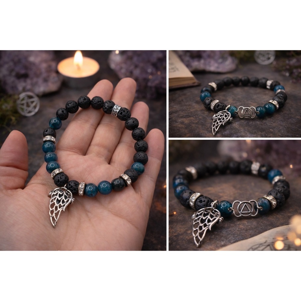 Blue Apatite Lava Stone Bracelet Angel Wing Charm Witchy Boho Apothecary